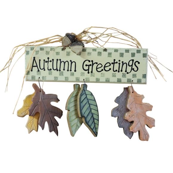 Rustic Autumn Greetings Wall Sign – Fall Leaves, Acorns & Raffia Decor Farmhouse - Picture 1 of 4